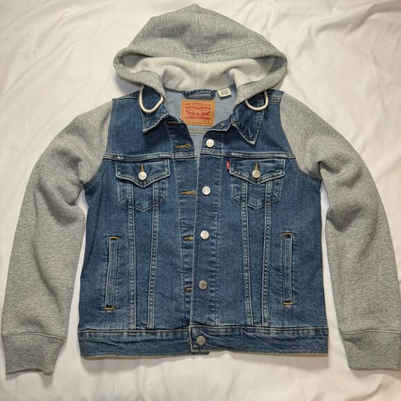 Levis Trucker Jacket Womens Small Blue Jean Denim Hybrid Hoodie Button Up EUC - Picture 1 of 5